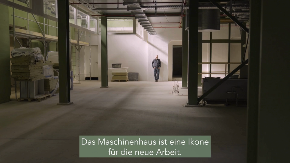 Innenraum der historischen Maschinenhalle im Maschinenhaus Schwabing aus dem Immobilienfilm für e+k