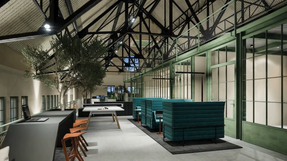 Alt: Visualisierung einer modernen Lounge- und Arbeitsfläche im Maschinenhaus Schwabing aus dem Immobilienfilm für e+k