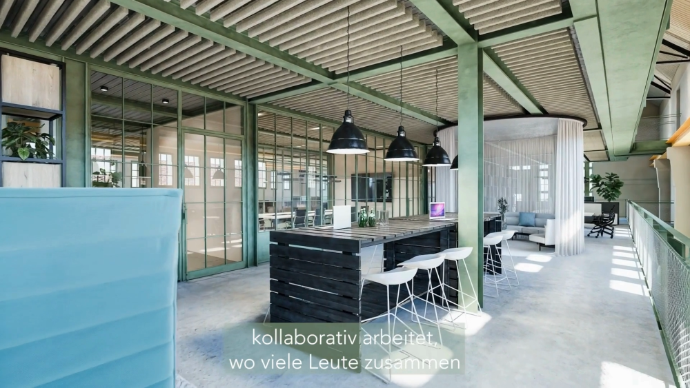 Visualisierung eines offenen Arbeits- und Kommunikationsbereichs im Maschinenhaus Schwabing aus dem Immobilienfilm für e+k