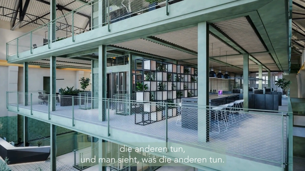 Offene Büro- und Arbeitsbereiche im Maschinenhaus Schwabing aus dem Immobilienfilm für e+k
